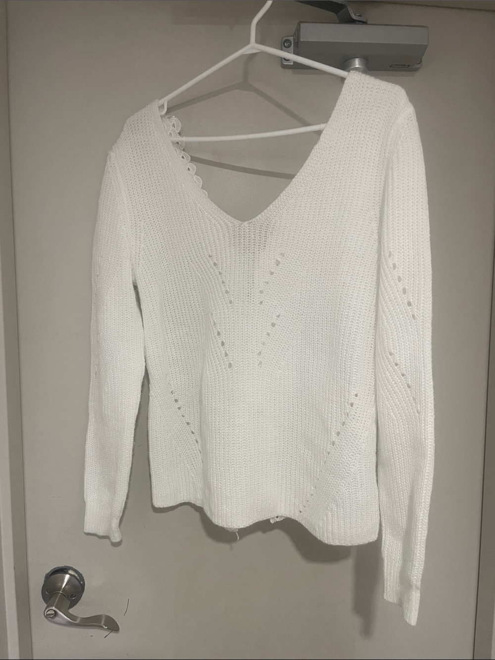 Off-the-Shoulder V-Neck White Knit Sweater